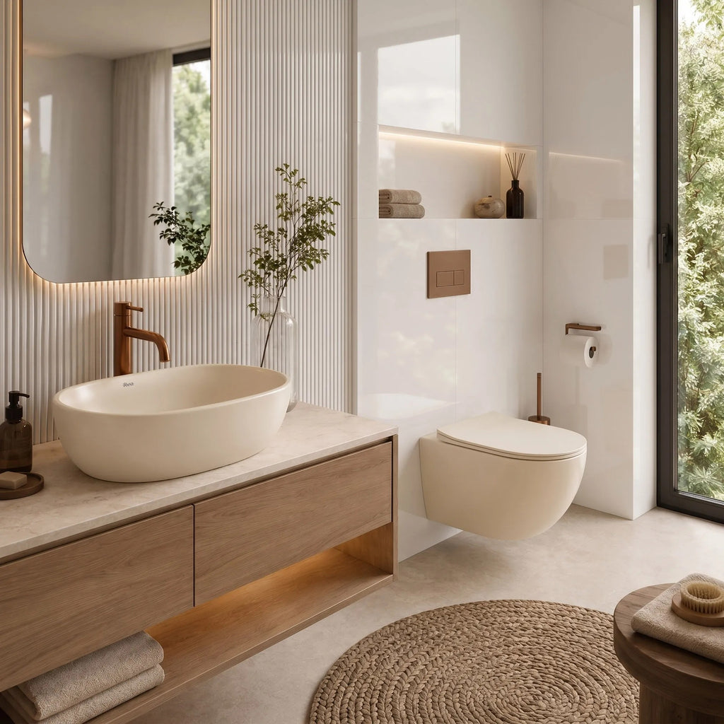 Focus Fali WC Csésze Szett + Pultra Szerelhető Mosdó Rea Focus Creme 11