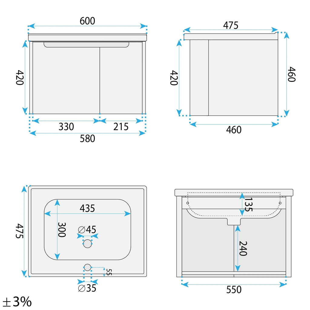 Fürdőszobaszekrény Mosdókagylóval Rea DB86-60L-3 Light 60cm 11