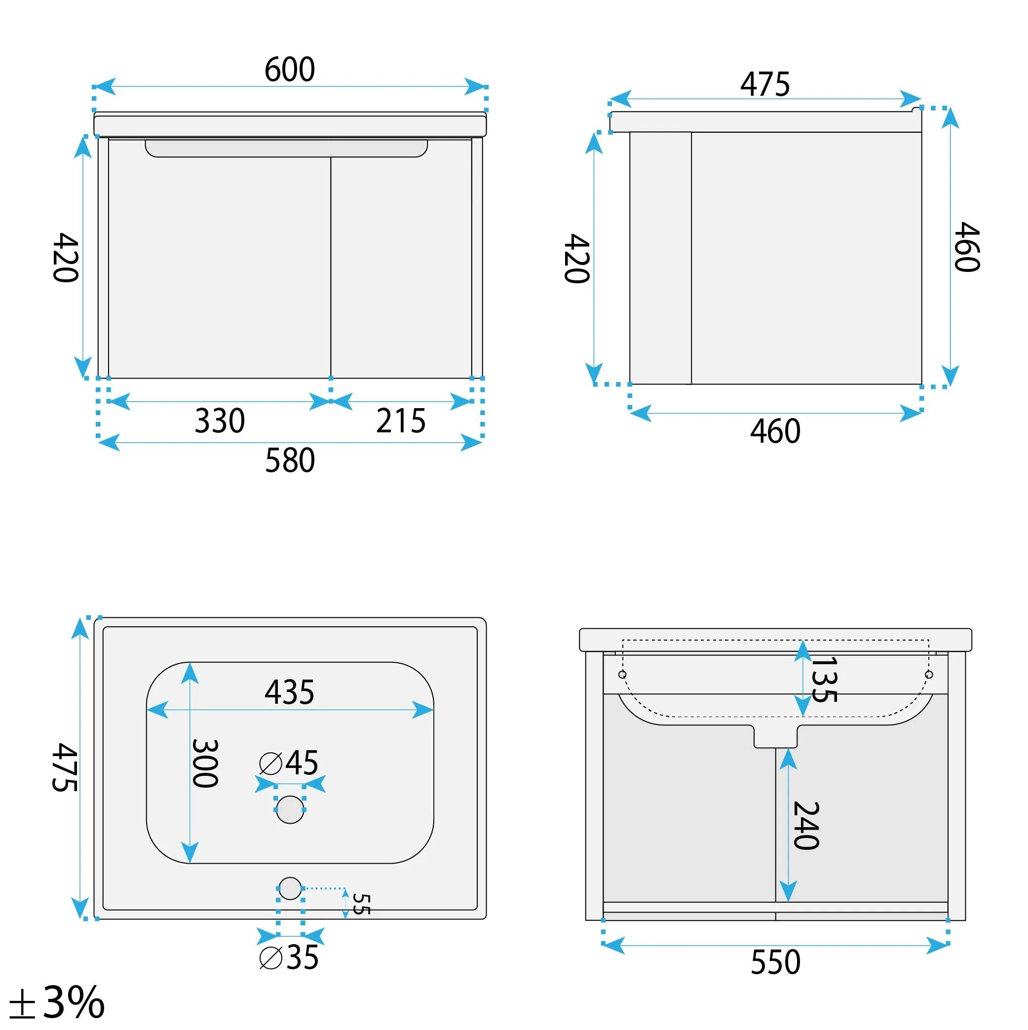 Fürdőszobaszekrény Mosdókagylóval Rea DB86-60L-3 Light 60cm 11