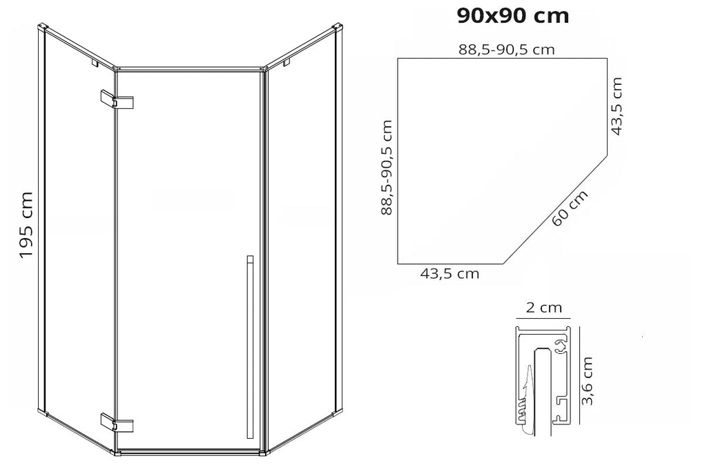Zuhanykabin DIAMOND GOLD 90x90 Fekete Diamond Zuhanytálcával 12