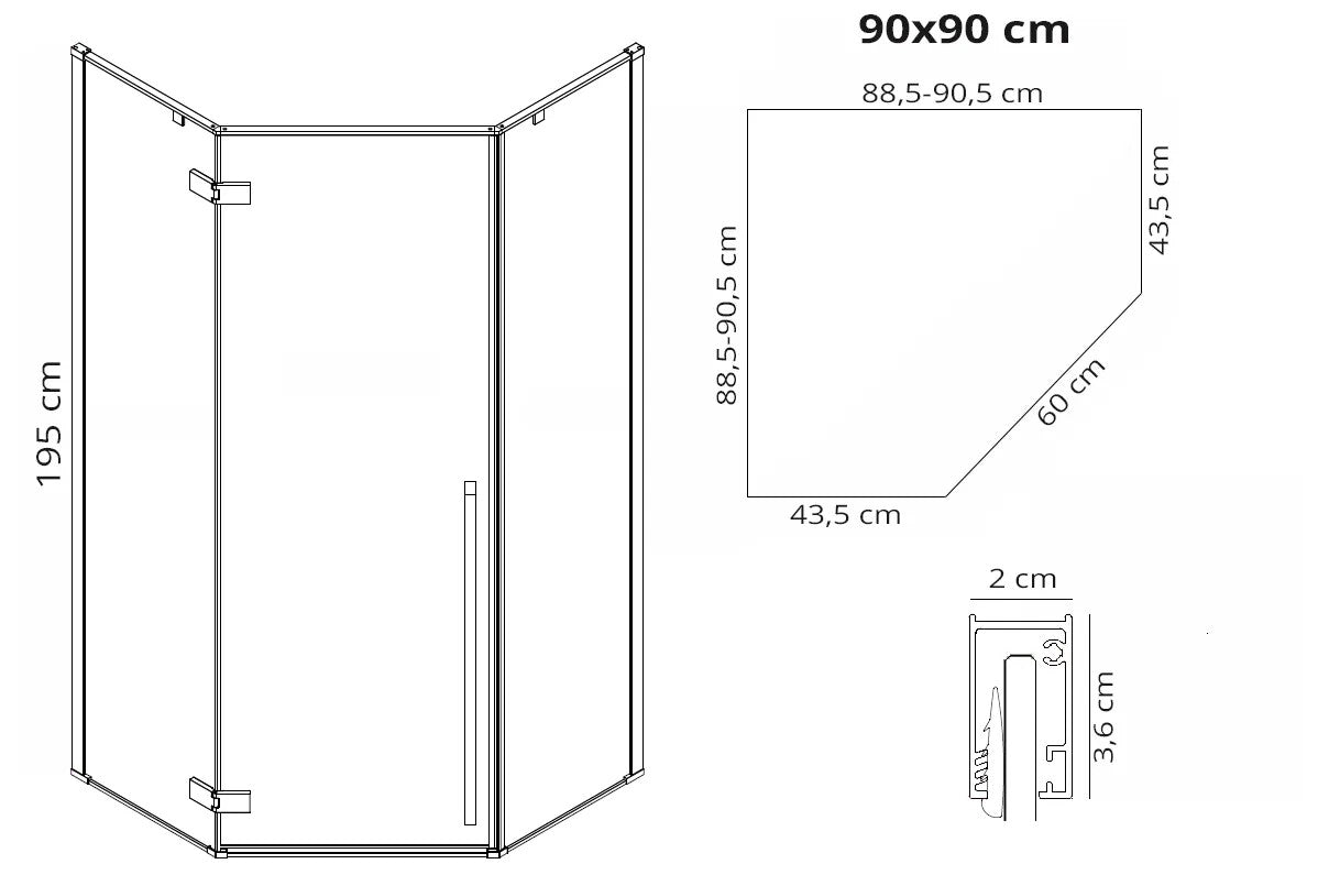 Zuhanykabin DIAMOND GOLD 90x90 Fekete Diamond Zuhanytálcával 12