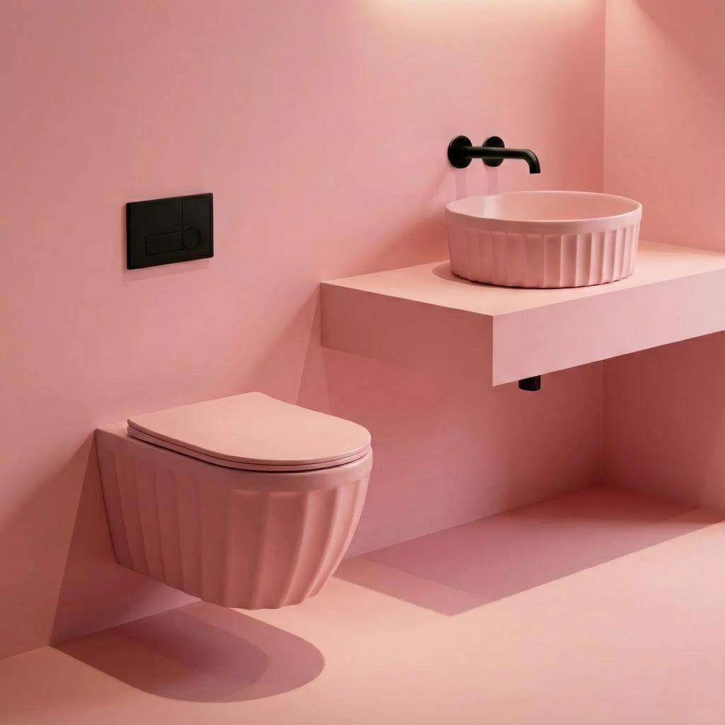 Szett: Fali WC Csésze + Pultra Szerelhető Mosdókagyló Rea Duo Sweet Pink Matt 1
