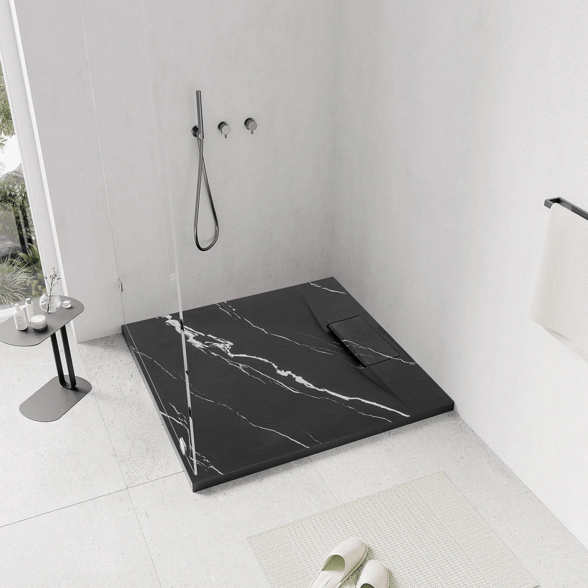 Zuhanytálca Bazalt CARRARA BLACK 90x90 1