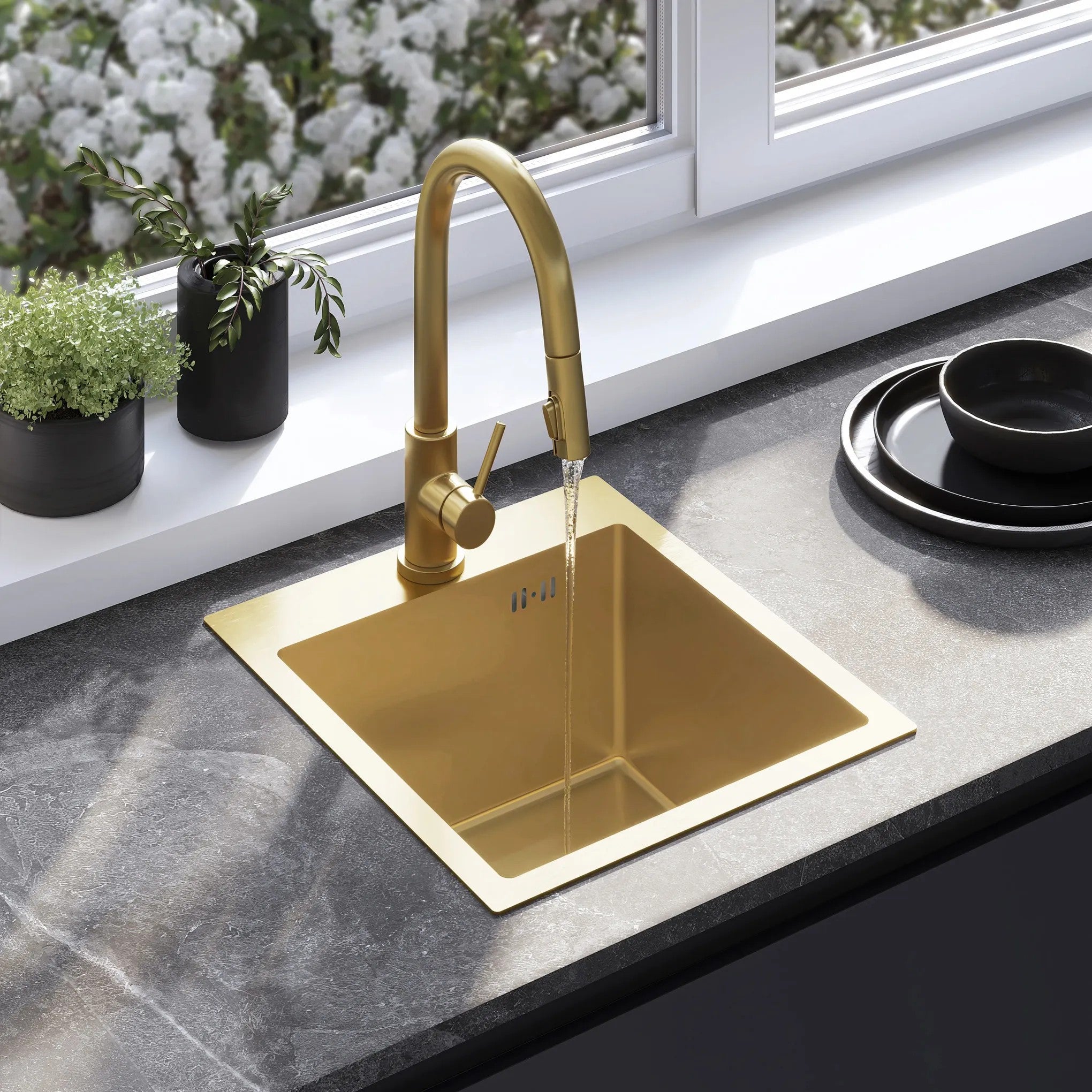 Acél Mosogatótálca Leo 40 BRUSH GOLD Konyhai Csapteleppel 1