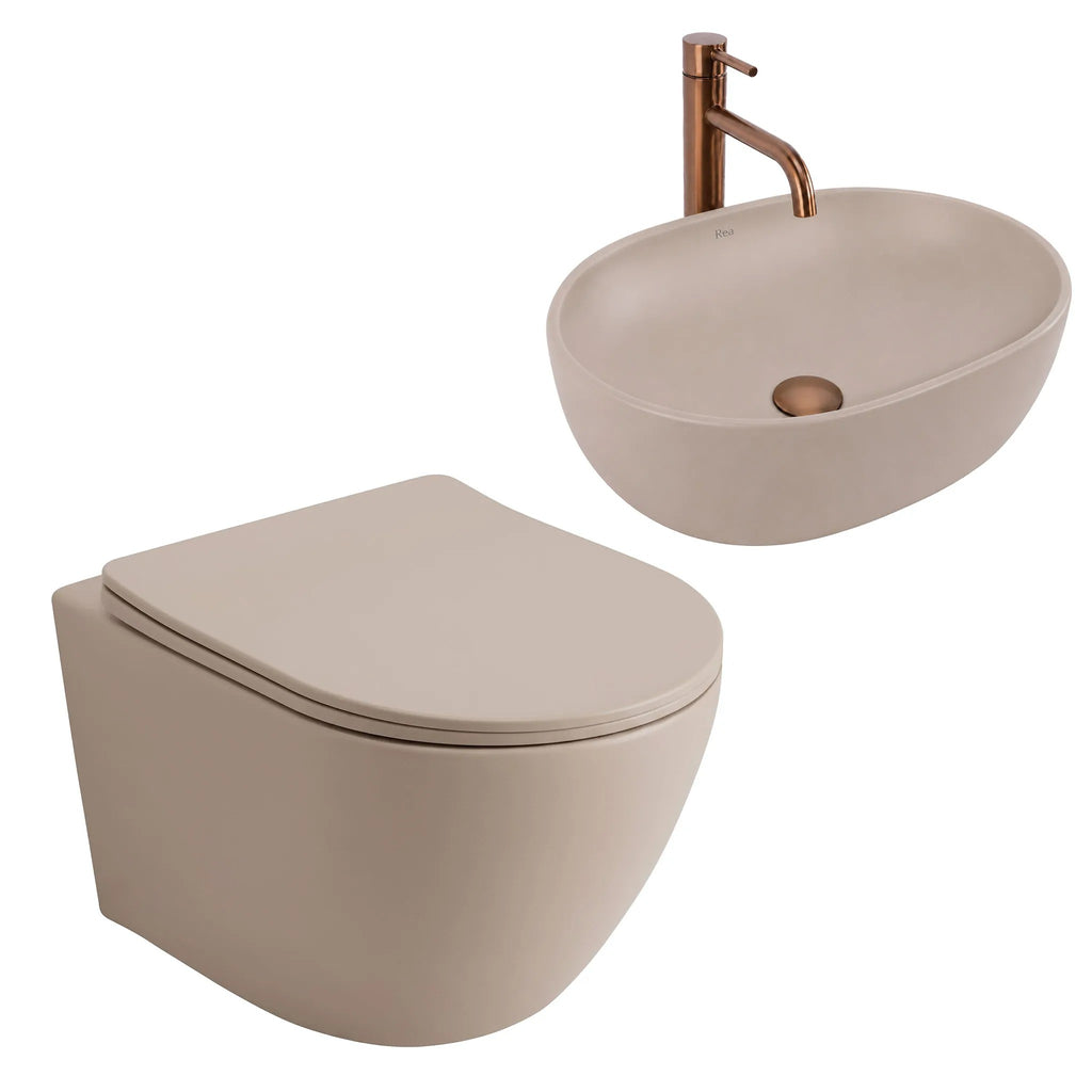 Focus Fali WC Csésze Szett + Pultra Szerelhető Mosdó Rea Focus Taupe 1