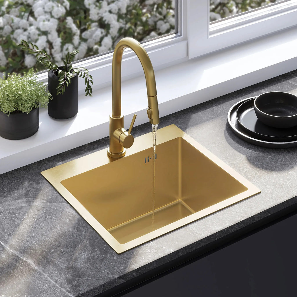 Acél Mosogatótálca Leo 50 BRUSH GOLD Konyhai Csapteleppel 1