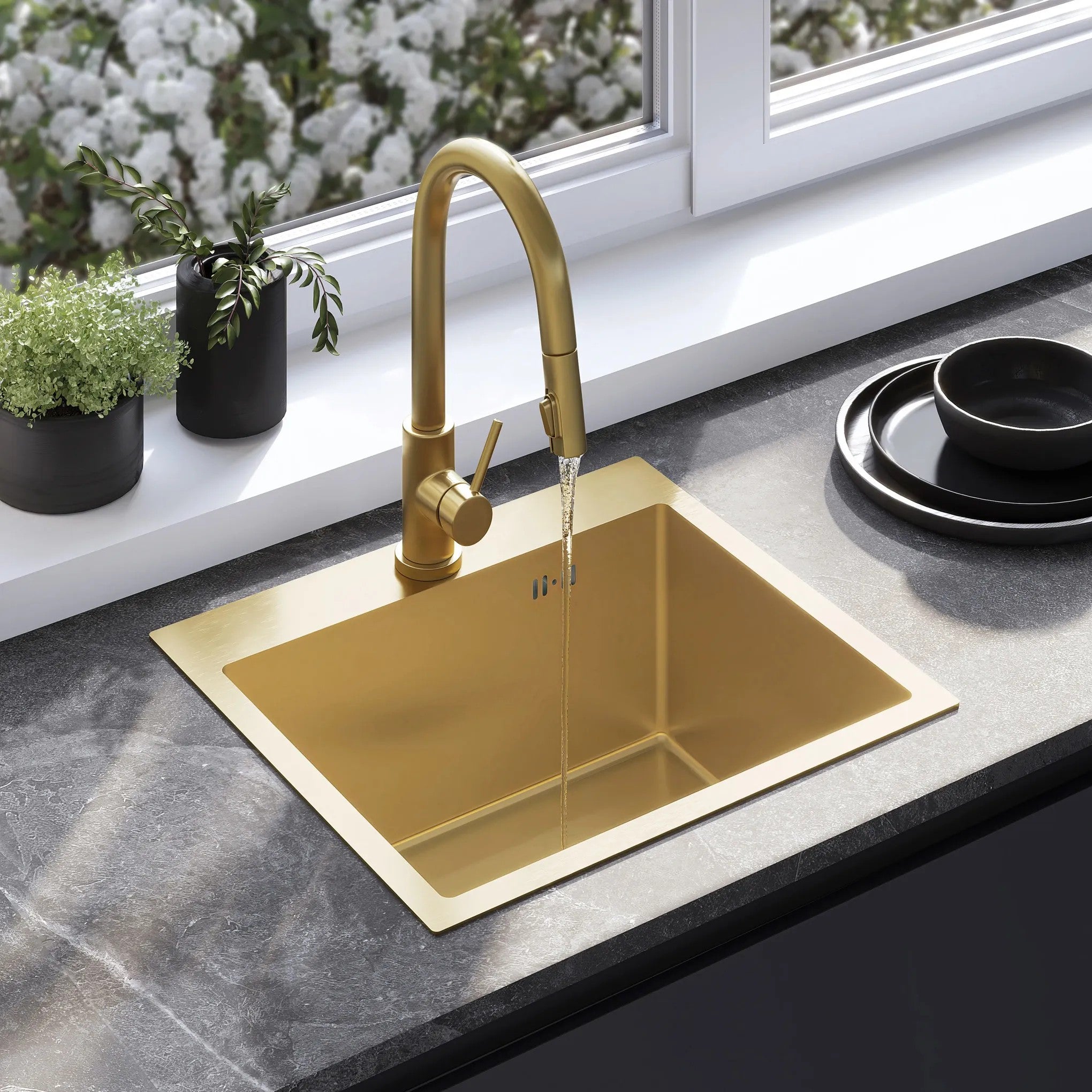 Acél Mosogatótálca Leo 50 BRUSH GOLD Konyhai Csapteleppel 1