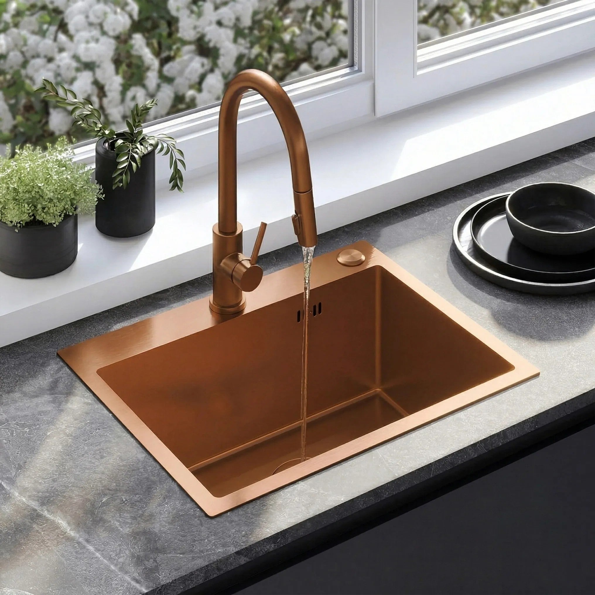 Acél Mosogatótálca Liam BRUSH COPPER Konyhai Csapteleppel 1