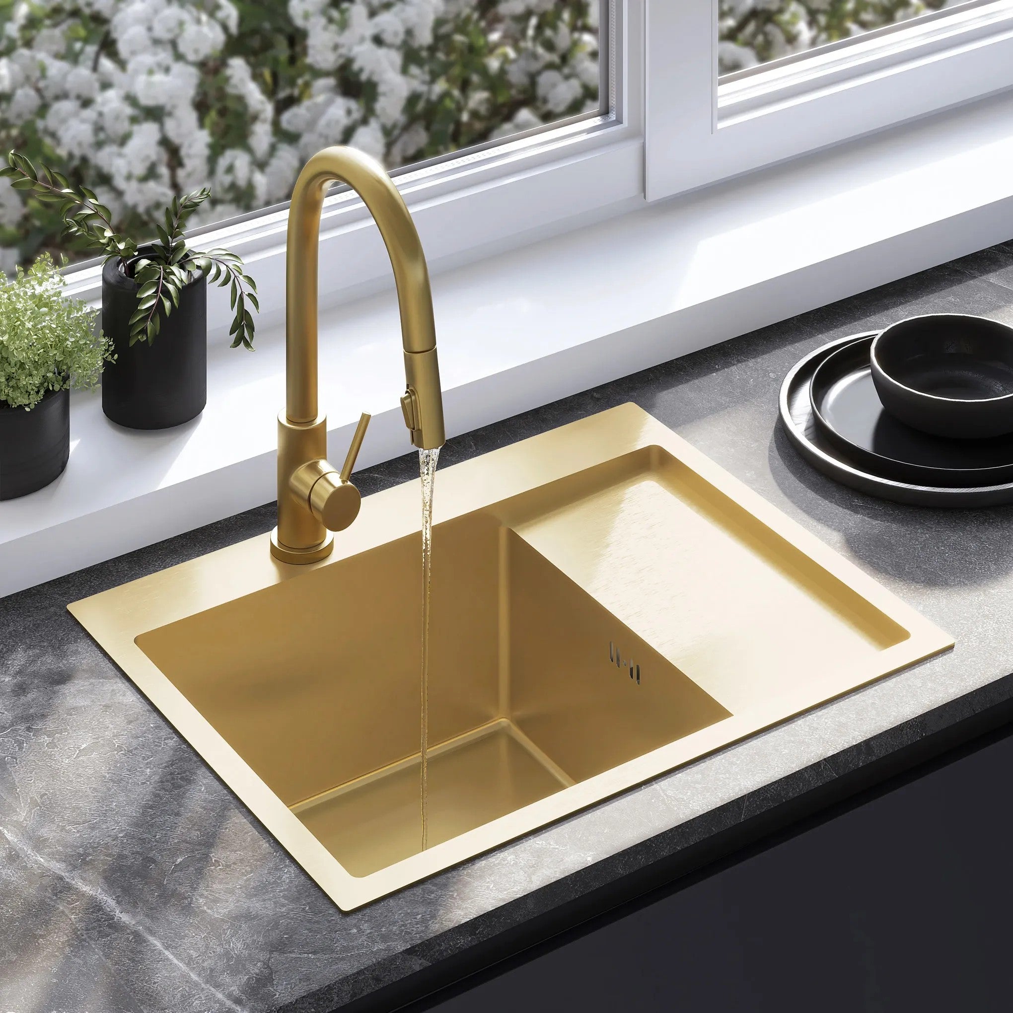 Acél Mosogatótálca Fin BRUSH GOLD Konyhai Csapteleppel 1