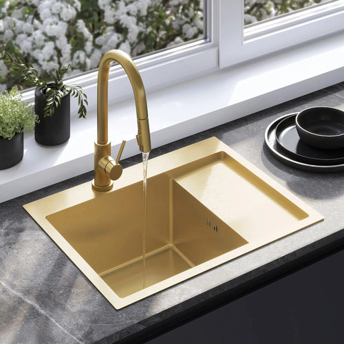Acél Mosogatótálca Fin BRUSH GOLD Konyhai Csapteleppel 1