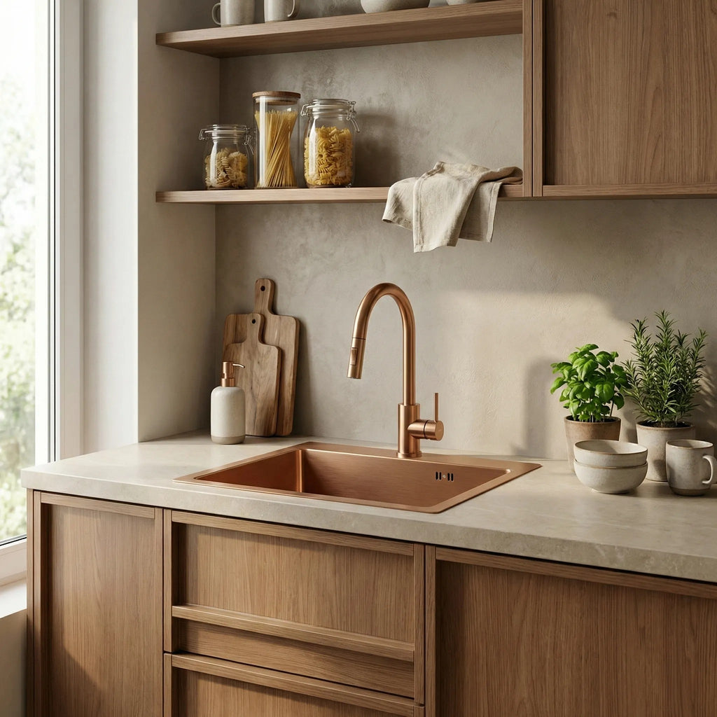 Acél Mosogatótálca Leo 50 BRUSH COPPER Konyhai Csapteleppel 1