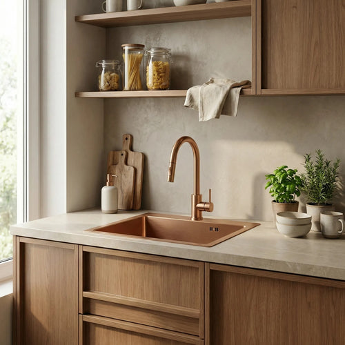 Acél Mosogatótálca Leo 50 BRUSH COPPER Konyhai Csapteleppel 1