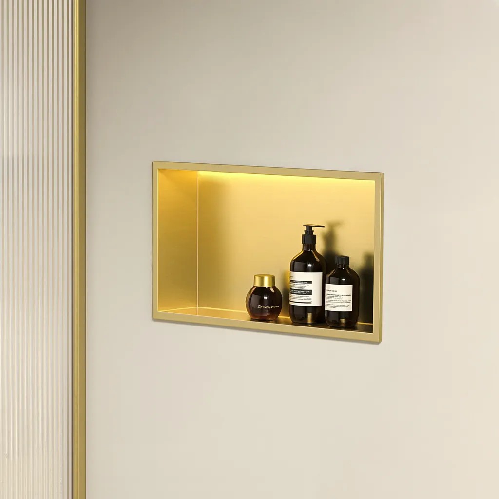 Süllyesztett Fürdőszobai Polc LED 30x45 Brush Gold 2