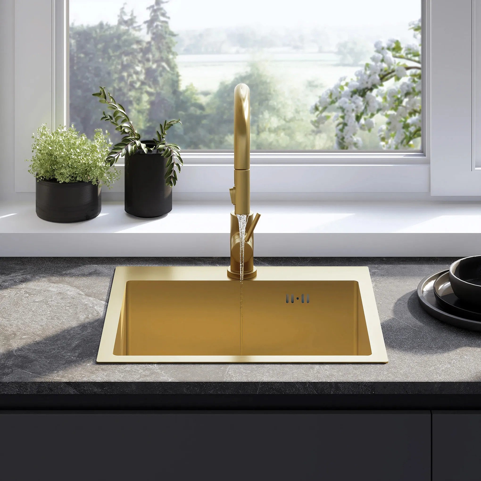Acél Mosogatótálca Leo 50 BRUSH GOLD Konyhai Csapteleppel 3