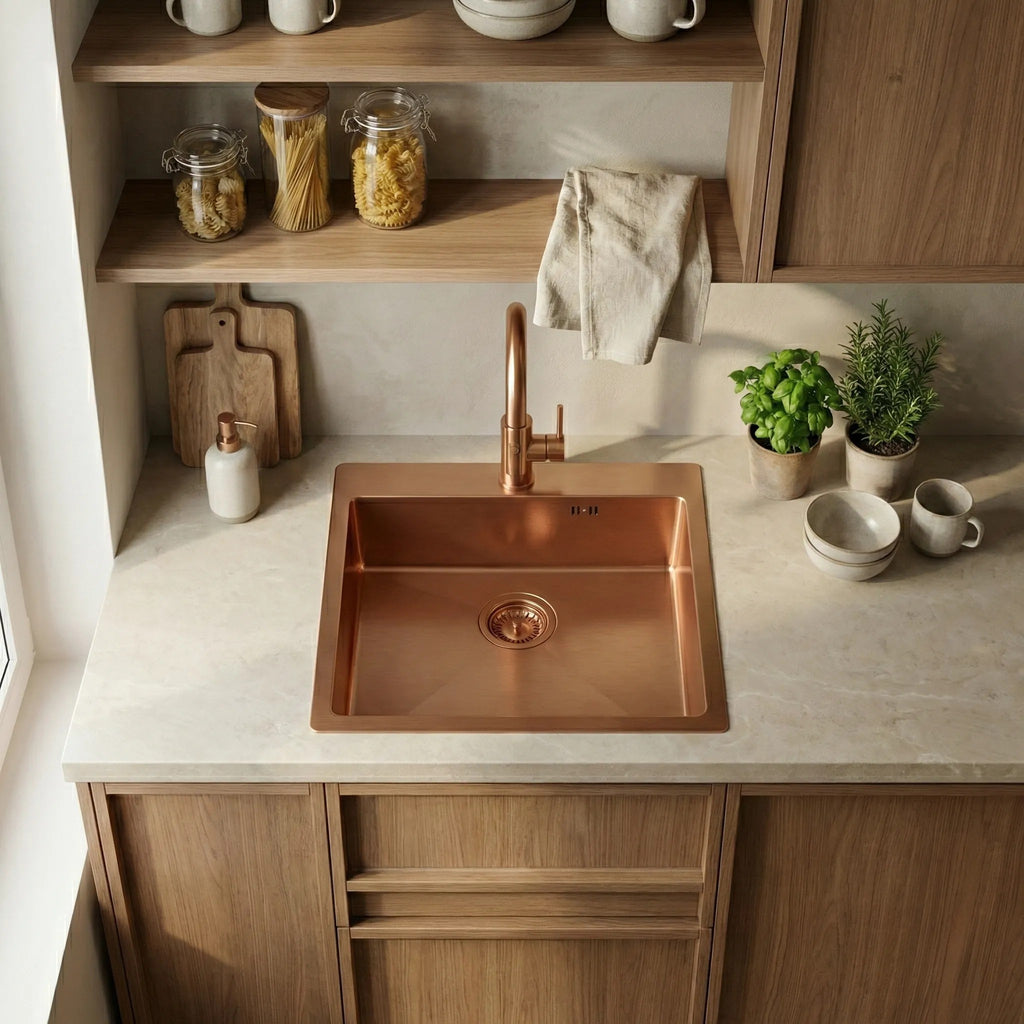 Acél Mosogatótálca Leo 50 BRUSH COPPER Konyhai Csapteleppel 4
