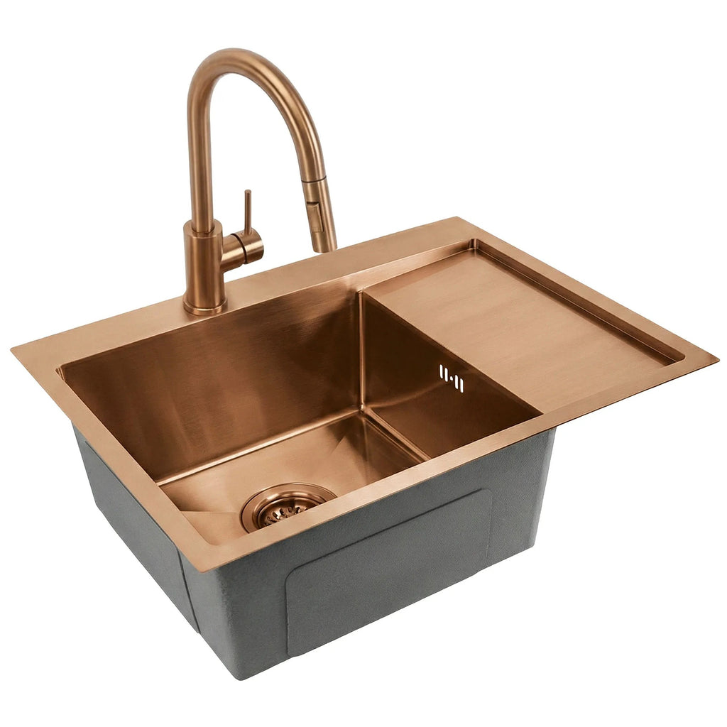 Acél Mosogatótálca Fin BRUSH COPPER Konyhai Csapteleppel 8