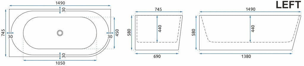 Fürdőkád SYDNEY BELLANTO LEFT 150cm Fekete Dugófedél 8