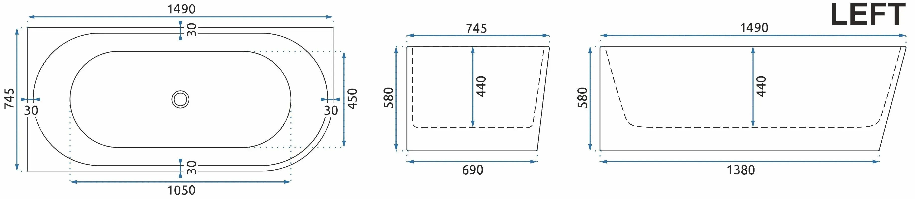 Fürdőkád SYDNEY BELLANTO LEFT 150cm Fekete Dugófedél 8