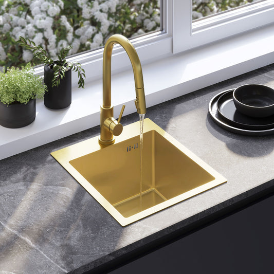 Acél Mosogatótálca Leo 40 Brush Gold Konyhai Csapteleppel 1